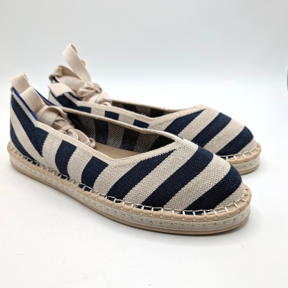 Rothy's The Wrap Espadrille Navy Stripe Ankle Tie Flats 10.5 Sailor Yacht Beachy